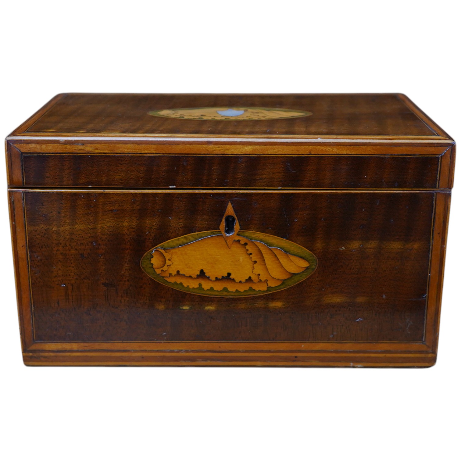 A George III inlaid tea caddy, 20cm x 11cm x 11.5cm. Condition - fair, some internal damage